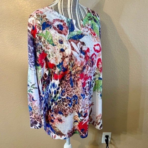 Breckenridge Tunic Top XL Water Color 3/4 Sleeves V-Neck Beaded Neckline Lightwt - Picture 5 of 12